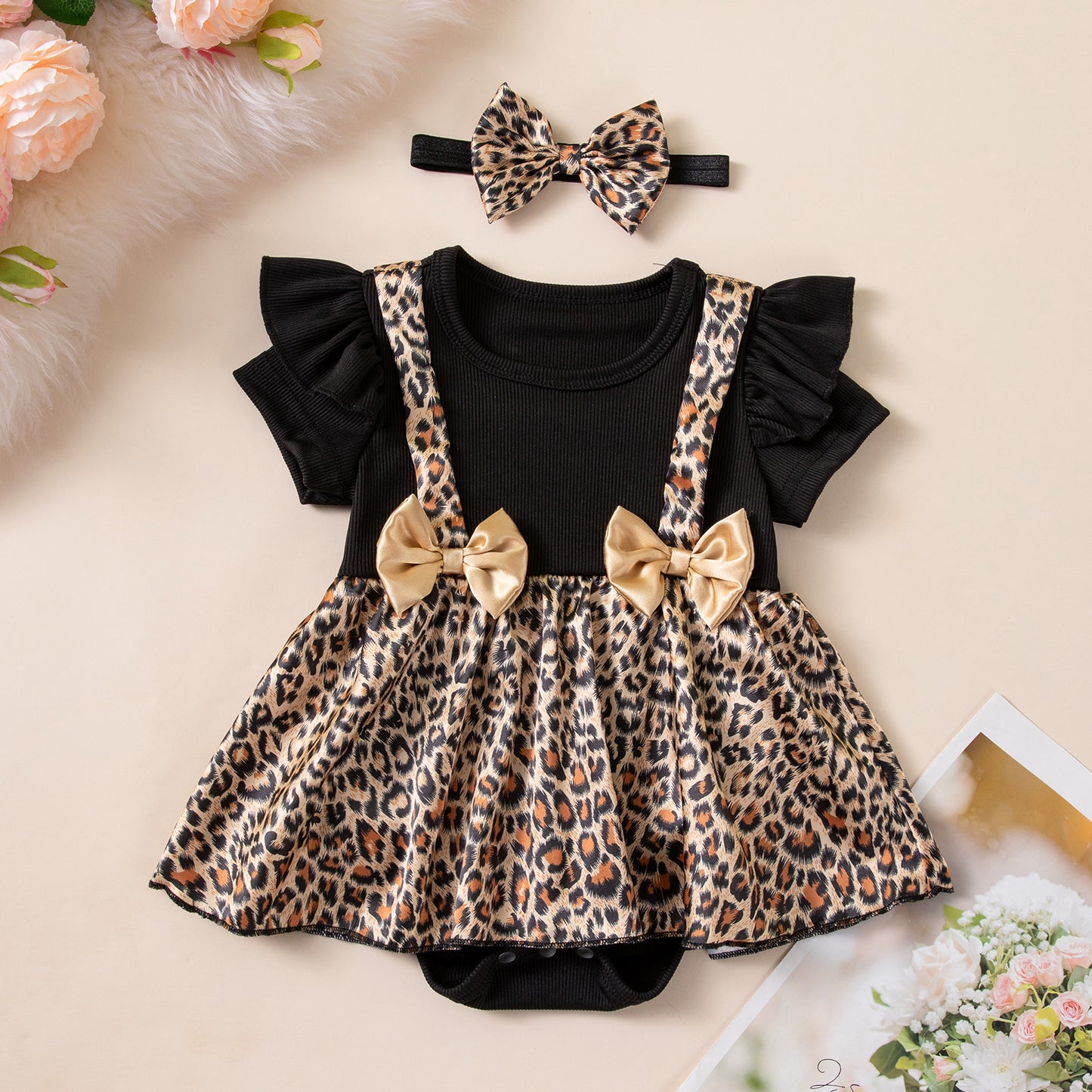 Baby Summer Outfit Girl Leopard Print Spliced Romper Dress with Bow Hairband Two-Piece Set Baby First Birthday Photo Princess Costume