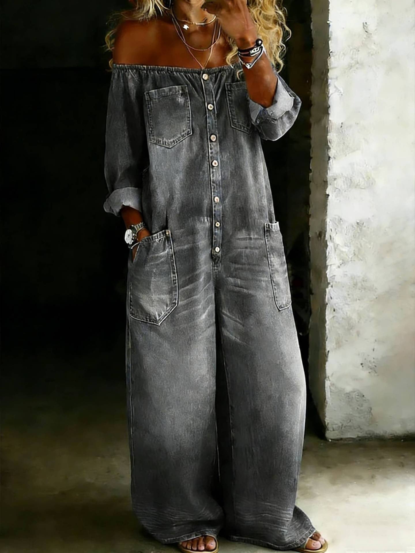Single-Breasted Off-Shoulder Washed Overalls for Women