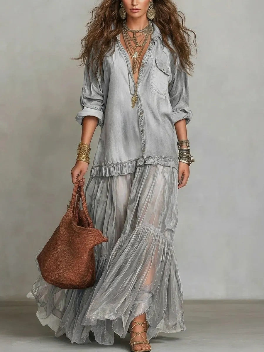 Vintage Denim-like Long Dress Casual Style