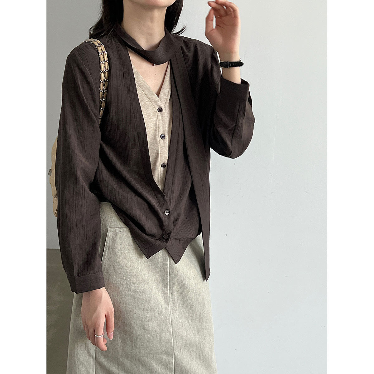 Tie-Neck False Two-Piece V-Neck Blouse for Women Relaxed Design Ribbon Long Sleeve Top