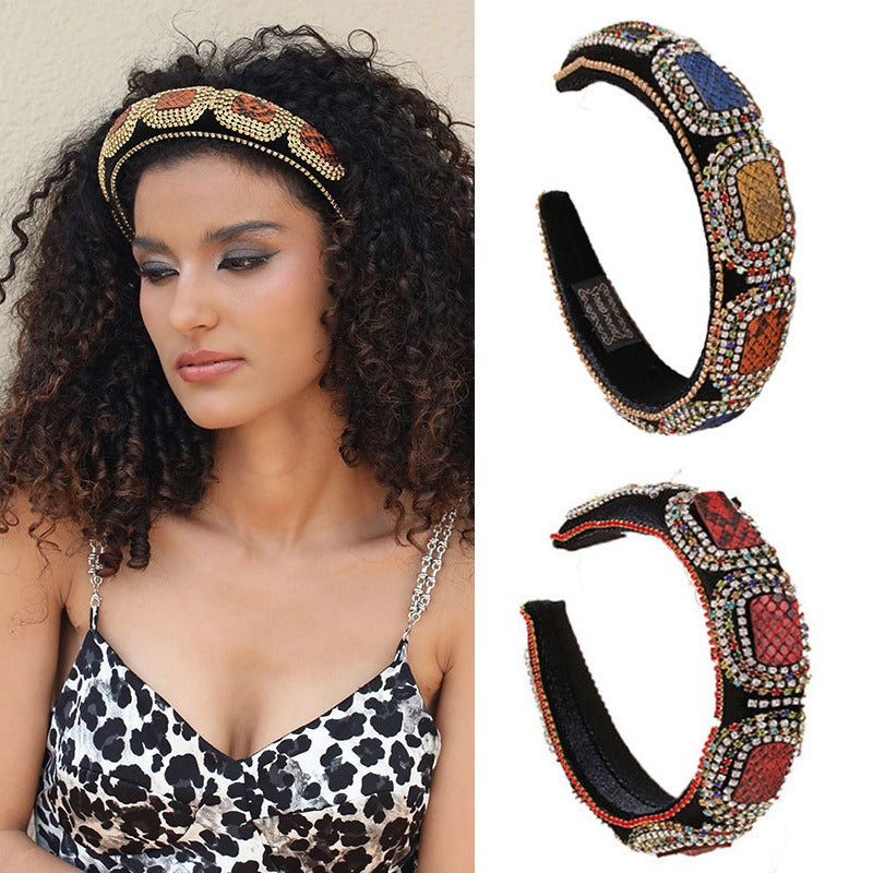 Fashionable colorful diamond sponge hair hoop women's wide brimmed Baroque hair accessories