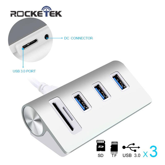 Rocketek USB HUB High Speed Aluminum 3 Port Usb 3.0 Hubs/power Interfac with TF SD Card Reader for iMac MacBook Air Laptop