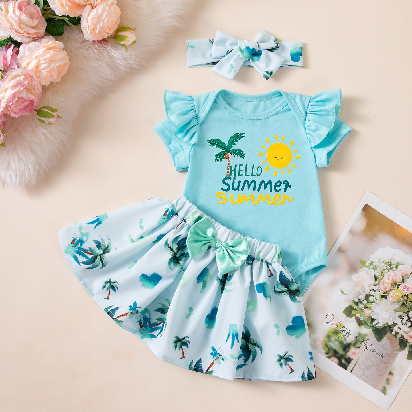 Children's Clothing for Girls Summer Beach-Style Three-Piece Set Short Sleeve Romper Coconut Tree Skirt Headband Set