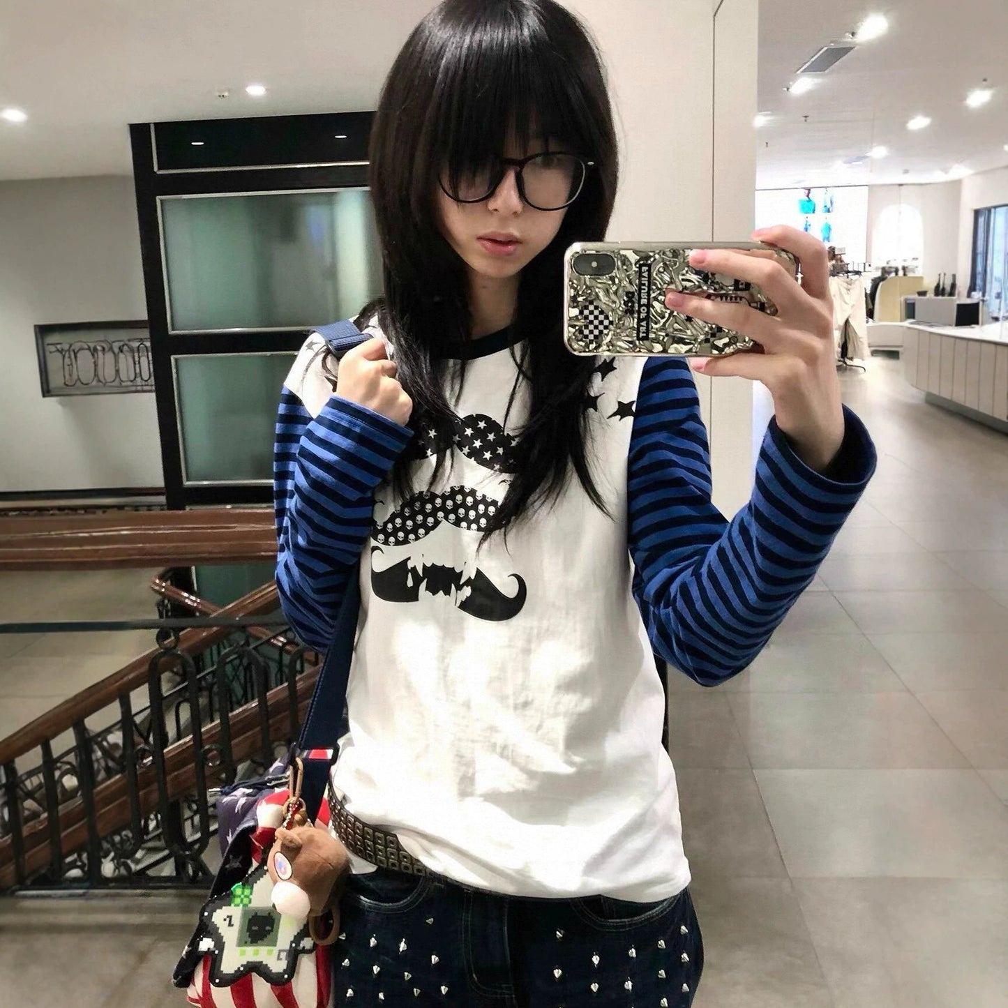 Color-block Stripes Mustache Stars Long Sleeve Women's T-Shirt