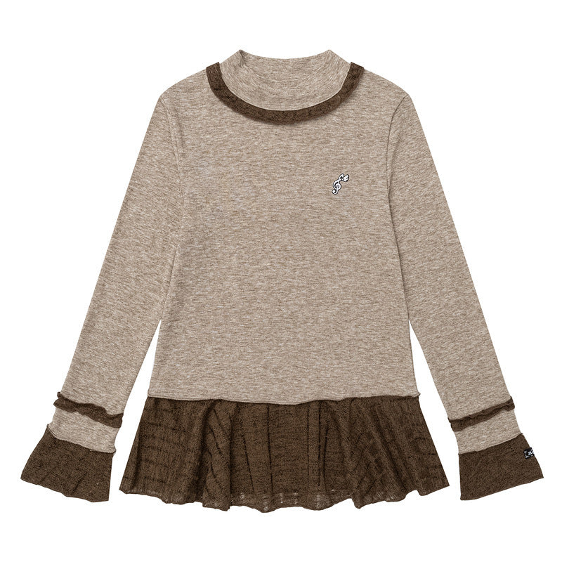 Grey fungus edge semi high neck long sleeved top for women