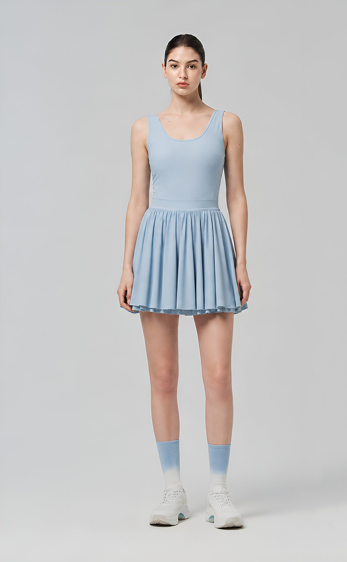 Youthful Sporty Tennis Dress with Pleated Hem, Backless, Fitted Waist, Flared Skirt