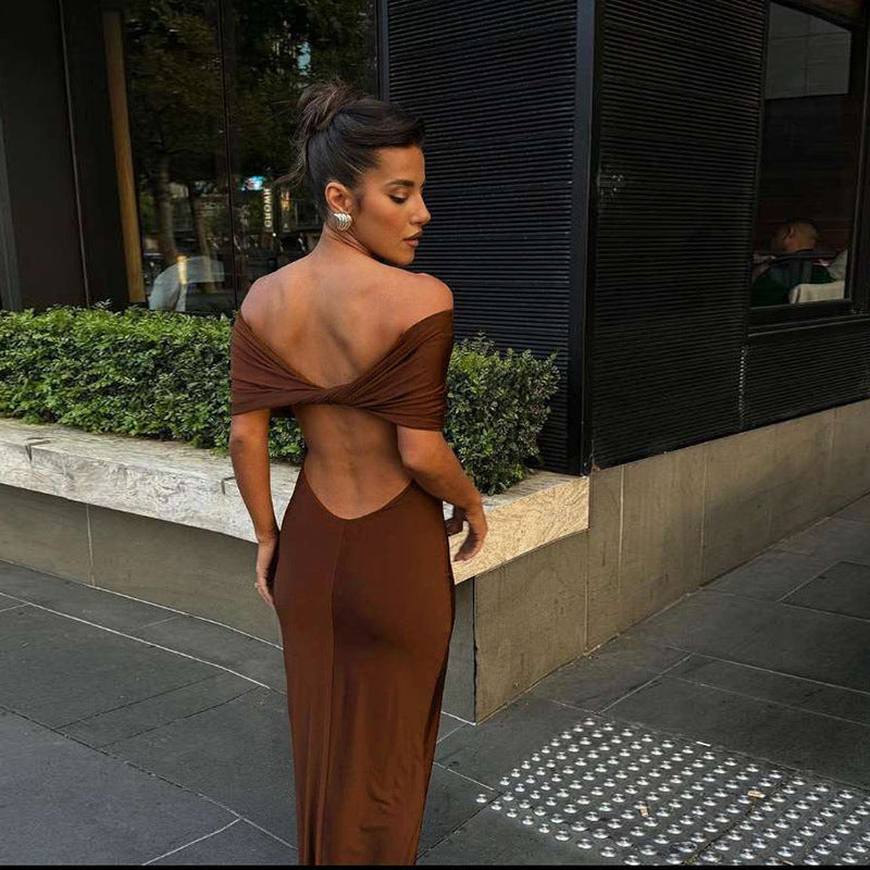 European and American style spring and summer women's clothing new one shoulder exposed backpack buttocks sexy long skirt dress