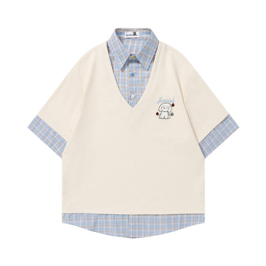 Small dog embroidered checkered short sleeved shirt