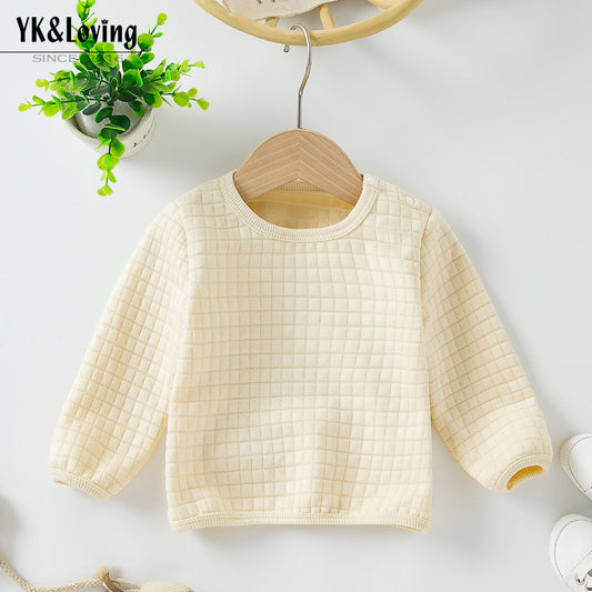 Autumn and Winter New Children's Unisex Round Neck Long Sleeve T-Shirt, High-Quality Knitted Plaid Fabric, Solid Color Minimalist Sweatshirt