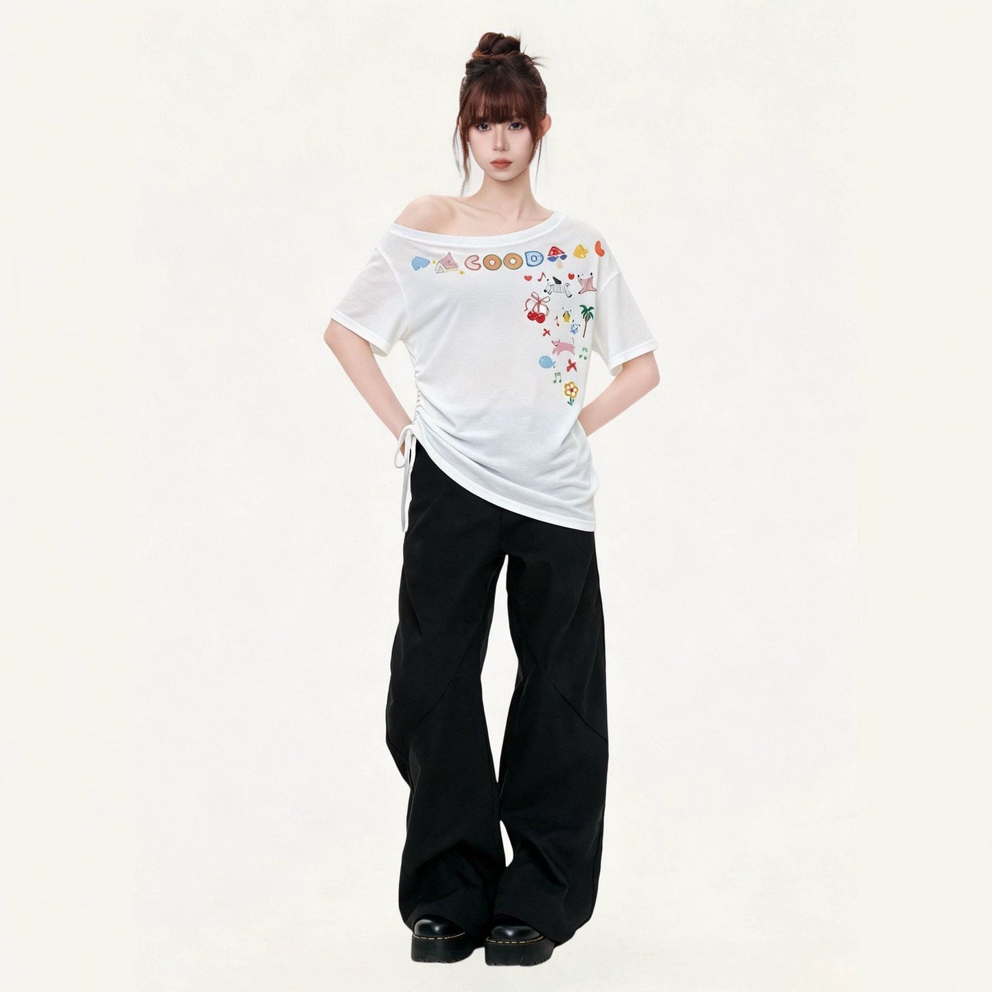 Off-Shoulder Short Sleeve T-Shirt for Women Cartoon Print Irregular Design Stylish Top