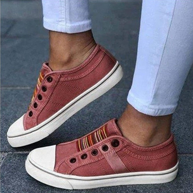 New round toe elastic canvas shoes for women's flat bottomed casual shoes
