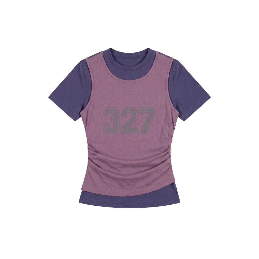 Short Crop Fitted Digital Mock Two-Piece Top Women Streetwear Short Sleeve T-Shirt