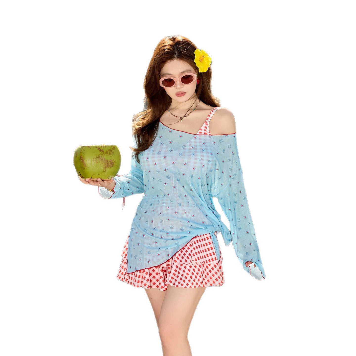 Fashionable Red Plaid Separated Swimwear Set for Women, Beach Vacation Three-Piece Suit, Adult Conservative and Elegant Hot Spring Swimwear