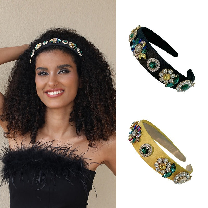 Fashionable wide brimmed hair band for women with diamond inlaid flower Baroque rhinestones