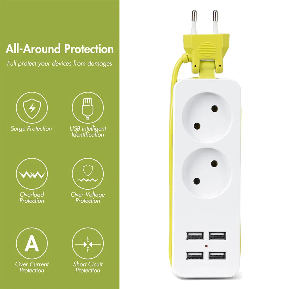 Rdxone EU plug Travel Power Strip Portable Extension Socket Outlet with 4 USB Wall Charger Smart Desktop Socket
