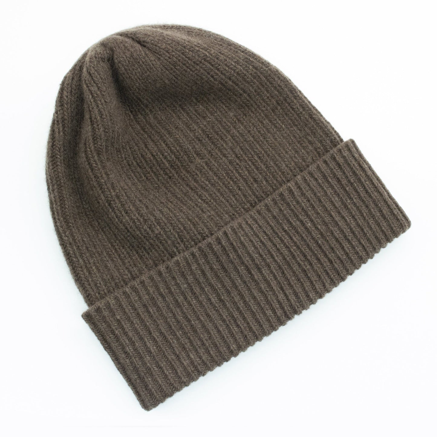 MEN'S CASHMERE RIBBED HAT WITH FOLDED CUFF - HEATHER BROWN