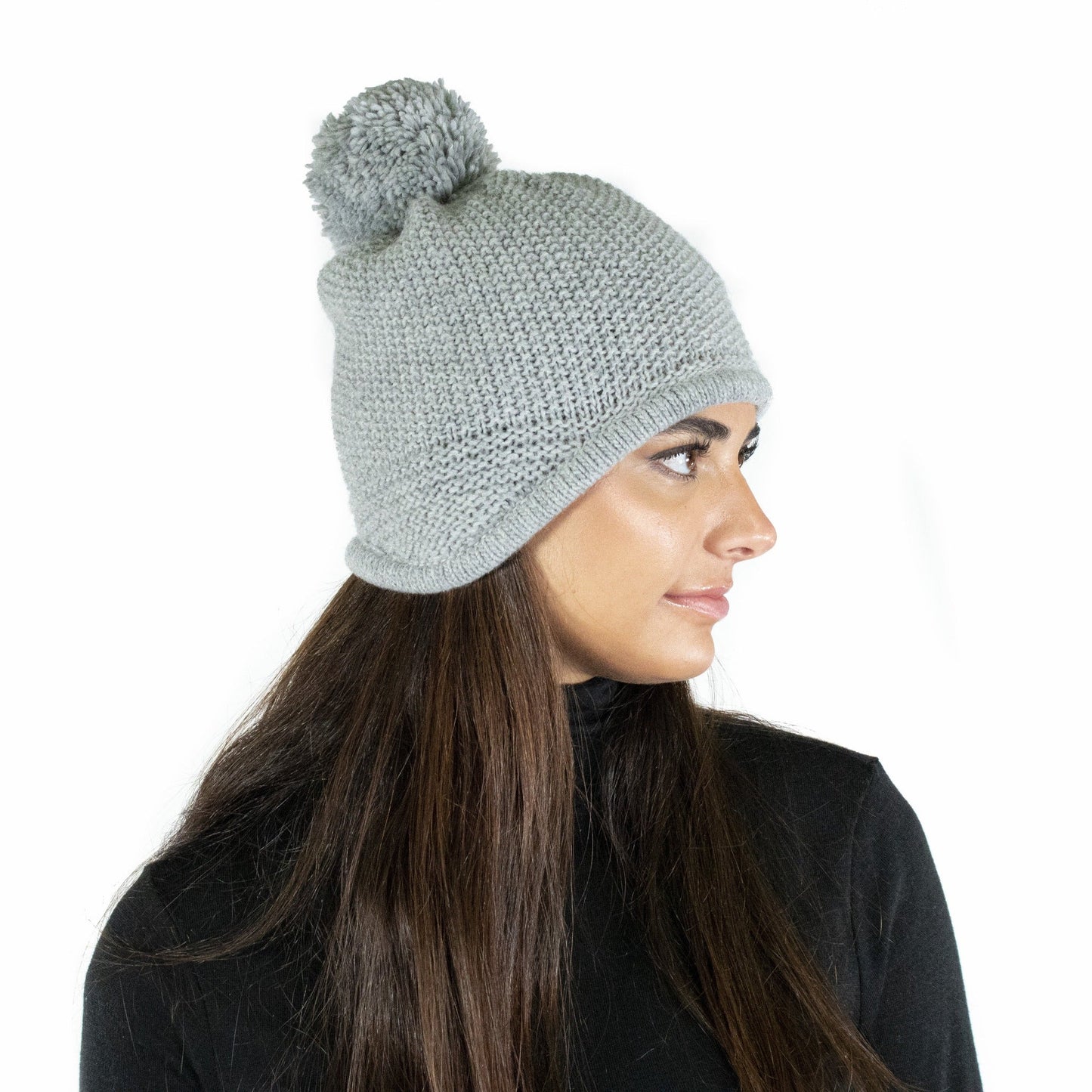 CHUNKY EARFLAP WITH POM POM - LIGHT GREY