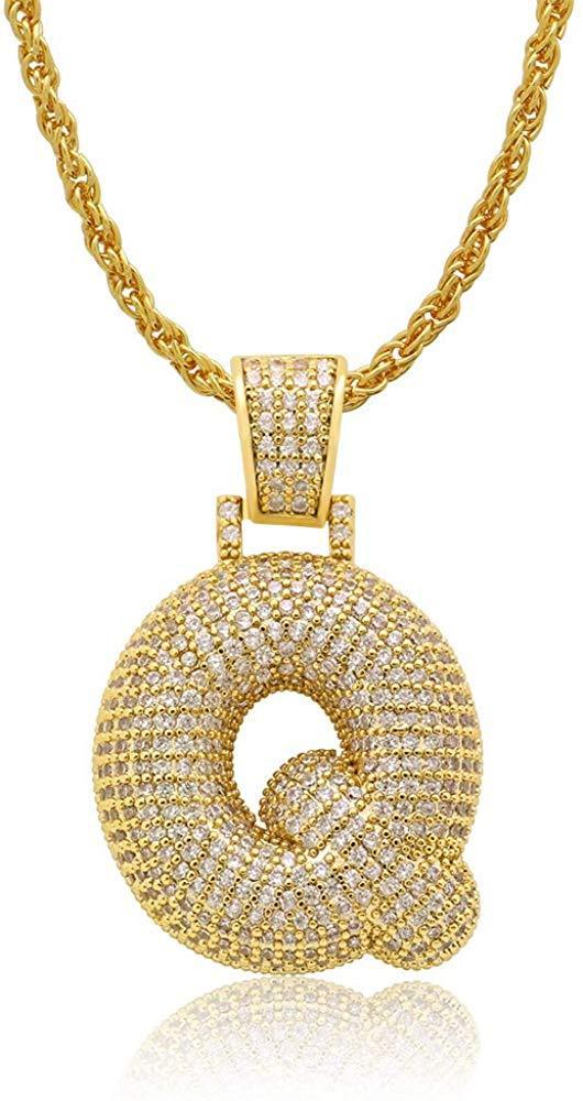 Diamond Created 18K Gold Plated Letter Pendant with Chain - Q ITALY Made