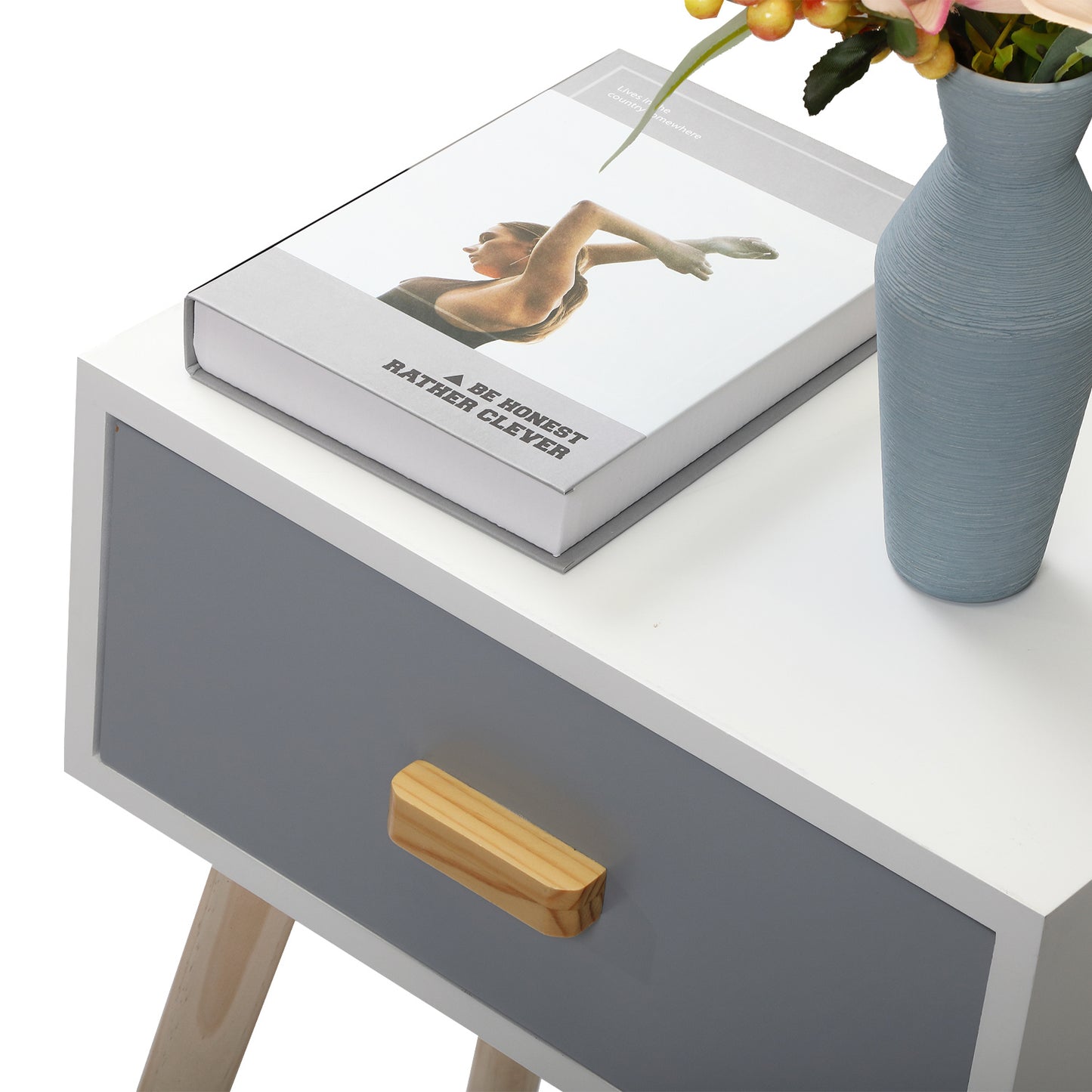 2 Pieces Bedside Table, Wooden End Table with Drawer