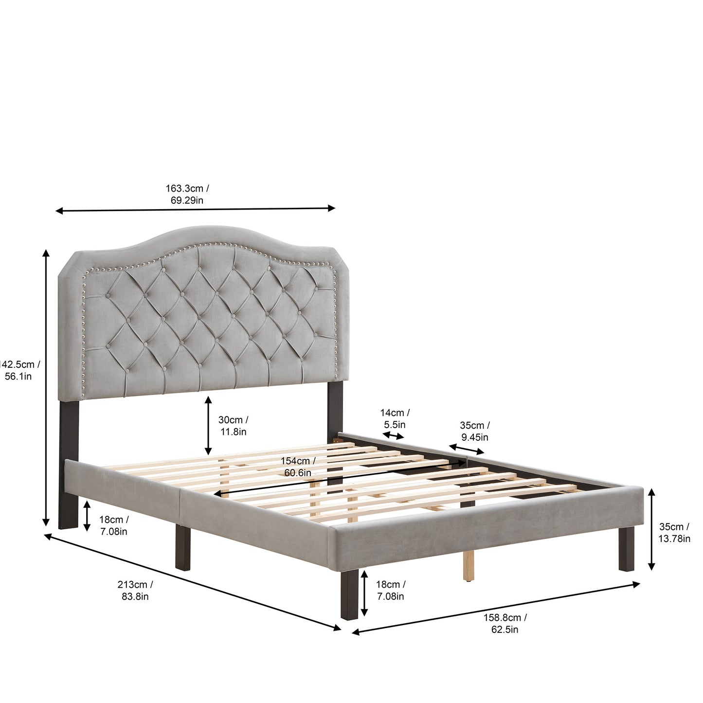 Upholstered Bed Button Tufted with Curve Design - Strong Wood Slat Support