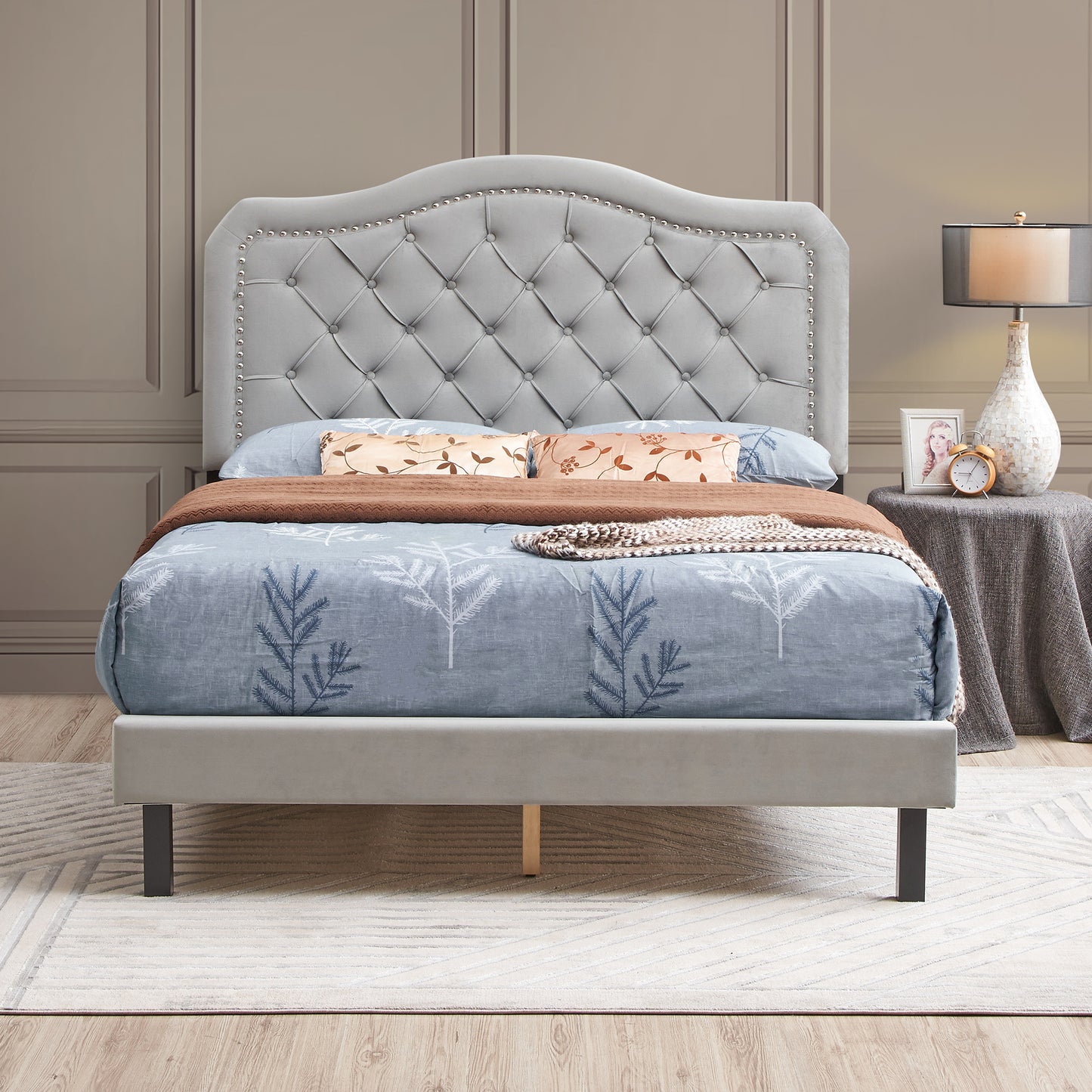 Upholstered Bed Button Tufted with Curve Design - Strong Wood Slat Support