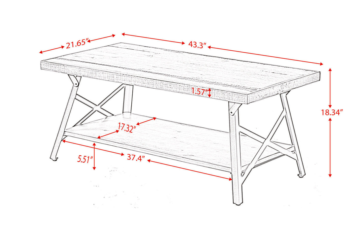 Wood Coffee Table, Rustic Industrial Solid Wood Coffee Table with Metal Legs and Storage Shelve, 43 Inches RT