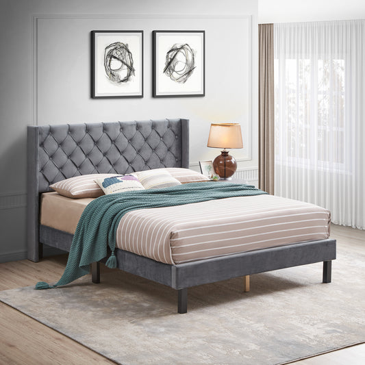 Upholstered Bed with Wings Design - Strong Wood Slat Support