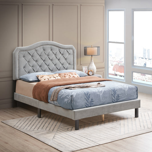 Upholstered Bed Button Tufted with Curve Design - Strong Wood Slat Support