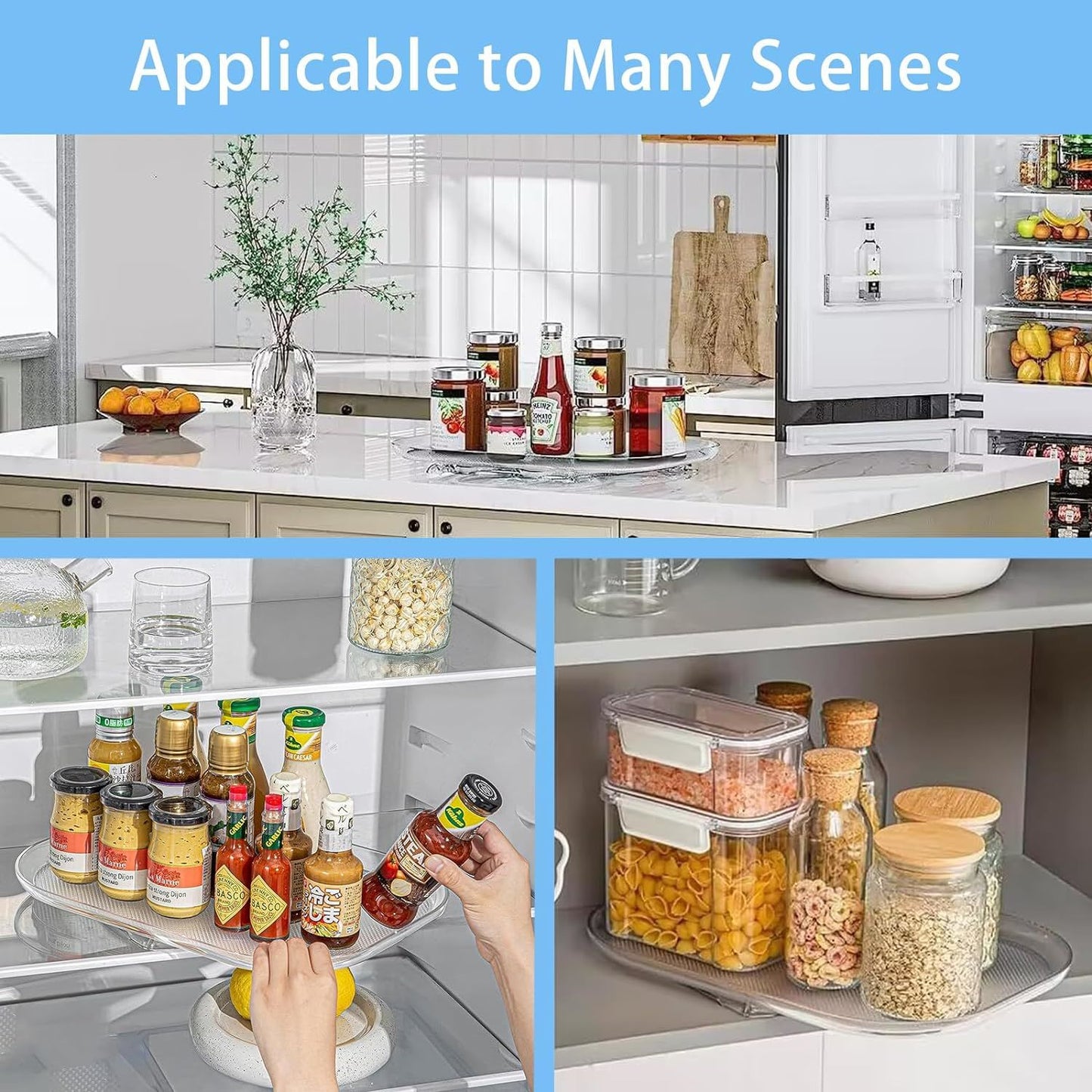 Lazy Susan Turntable Organizer for Refrigerator, Fridge Rectangle Lazy Susan for Cabinet, Pantry, Kitchen Countertop, Fridge Organization and Storage, 15.7''x11.7'' Clear