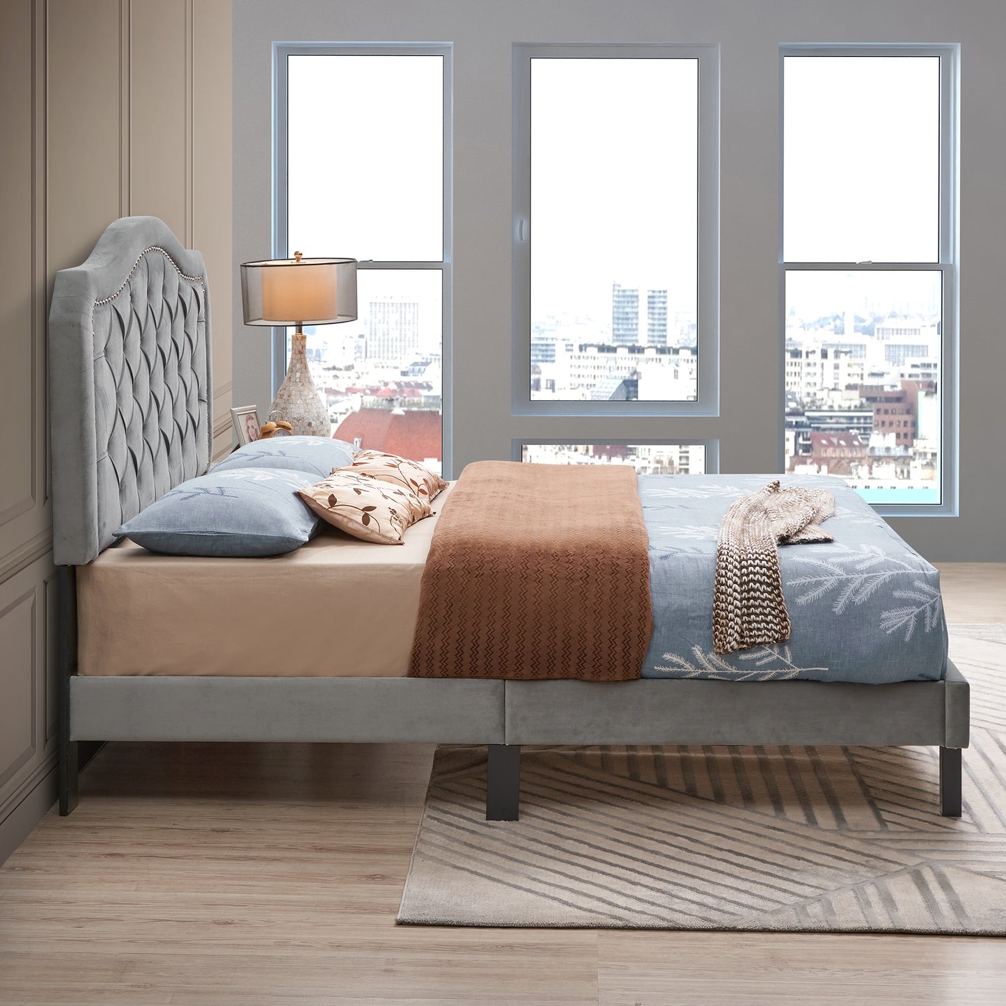 Upholstered Bed Button Tufted with Curve Design - Strong Wood Slat Support