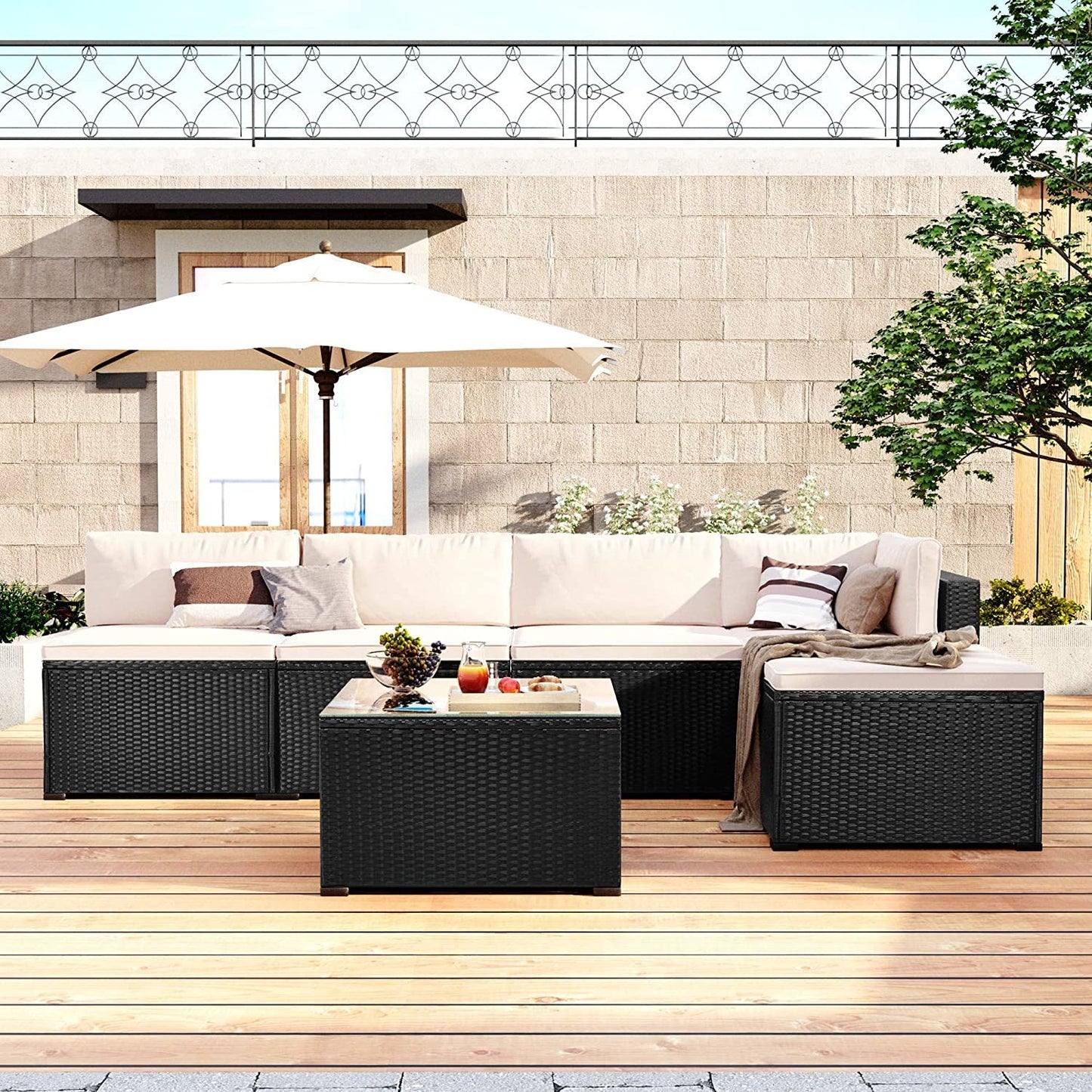 6-Piece Outdoor Furniture Set with PE Rattan Wicker, Patio Garden Sectional Sofa Chair, removable cushions