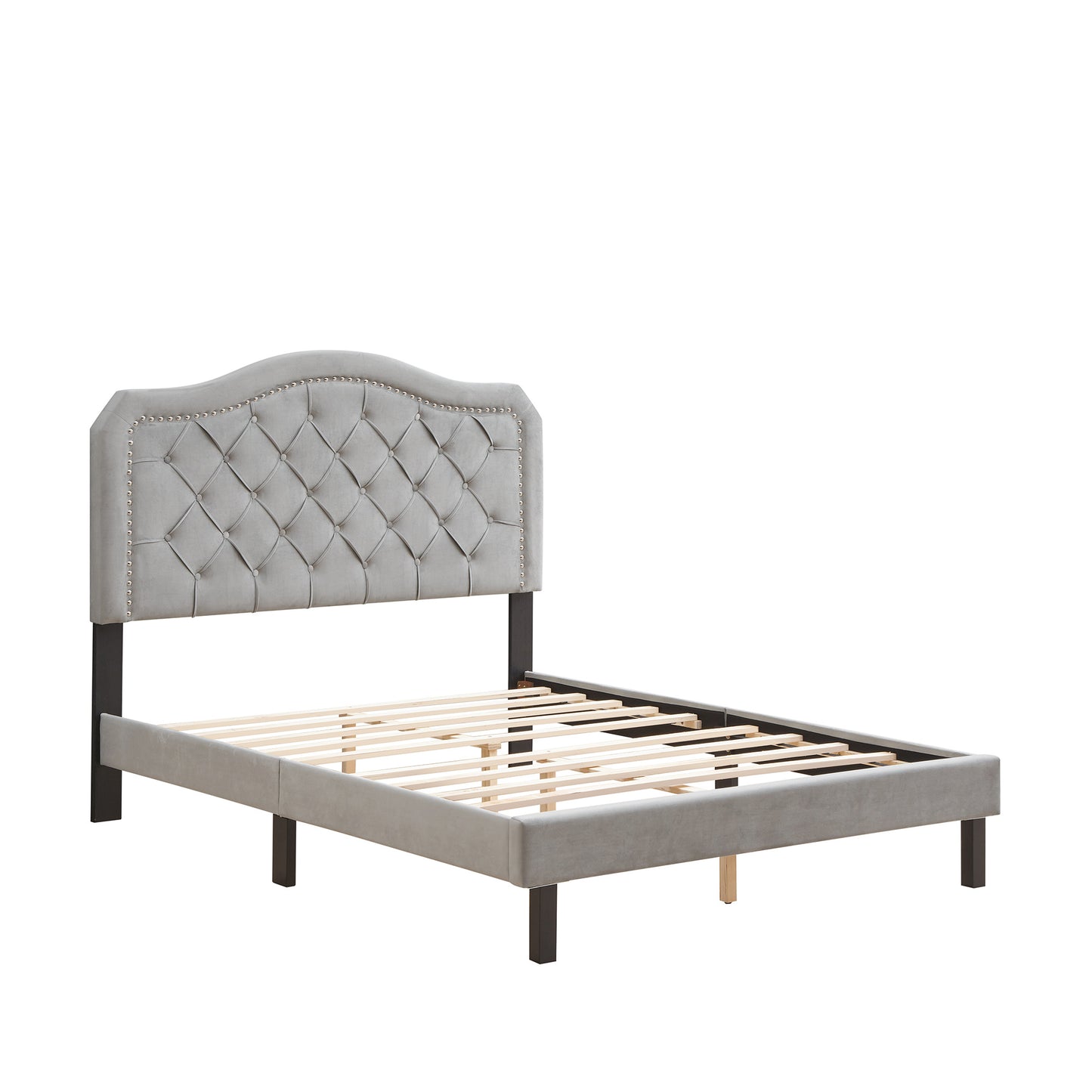 Upholstered Bed Button Tufted with Curve Design - Strong Wood Slat Support