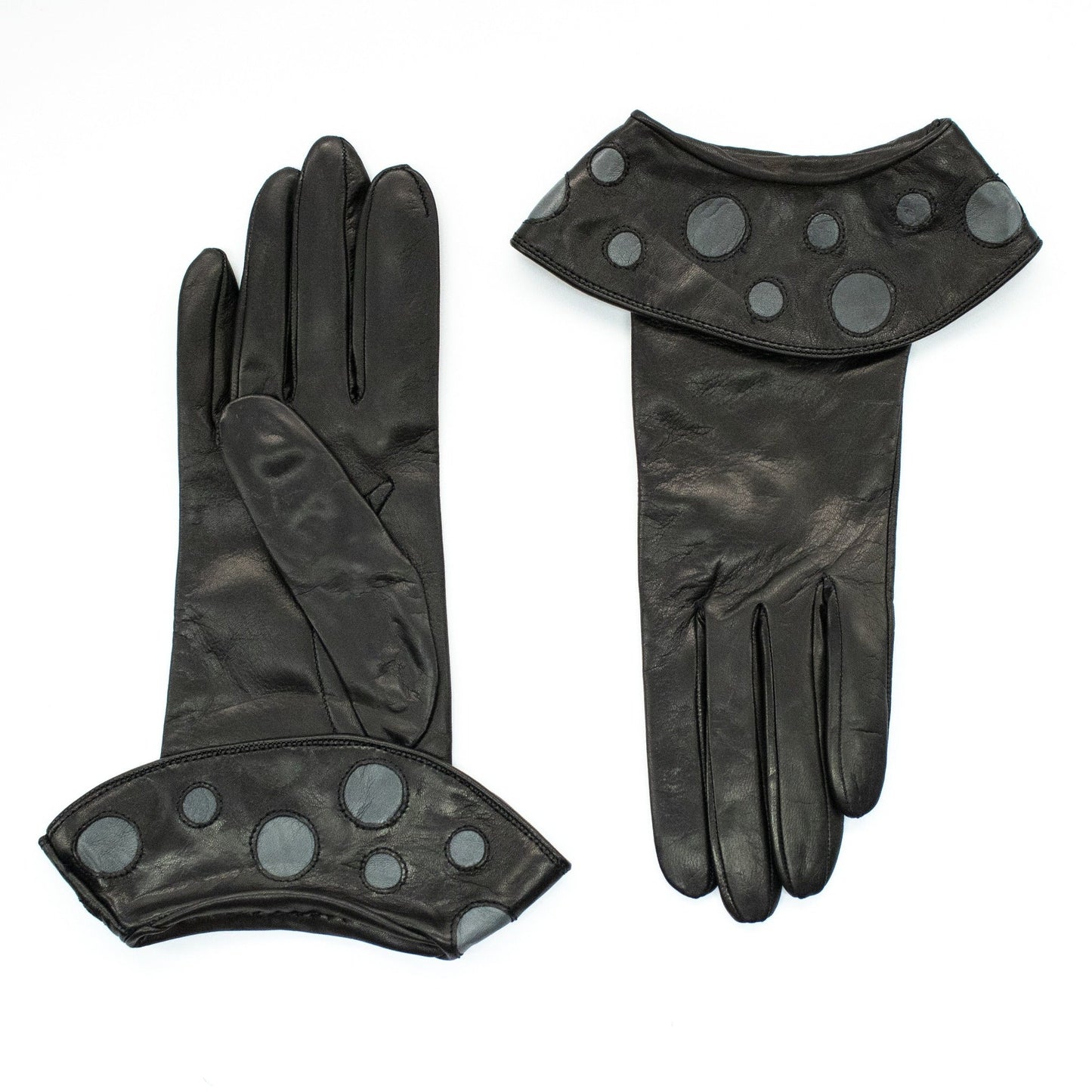 LEATHER GLOVES WITH DOTS - BLACK/GREY