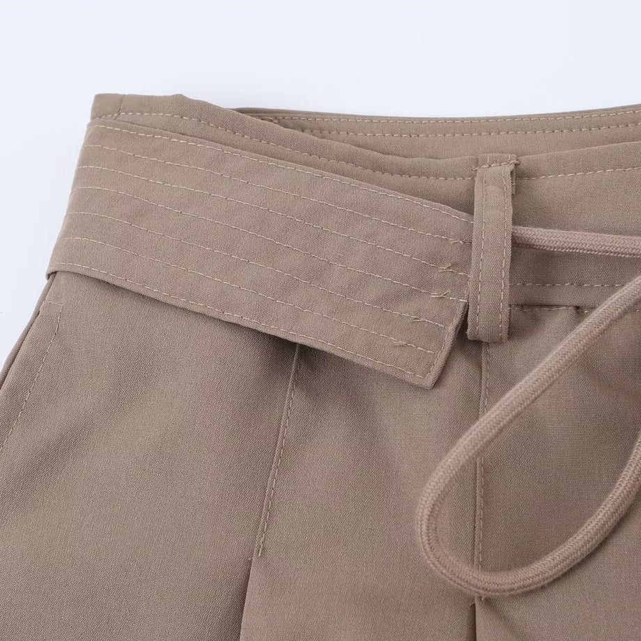 French drawstring waist belt pleated high waisted shorts