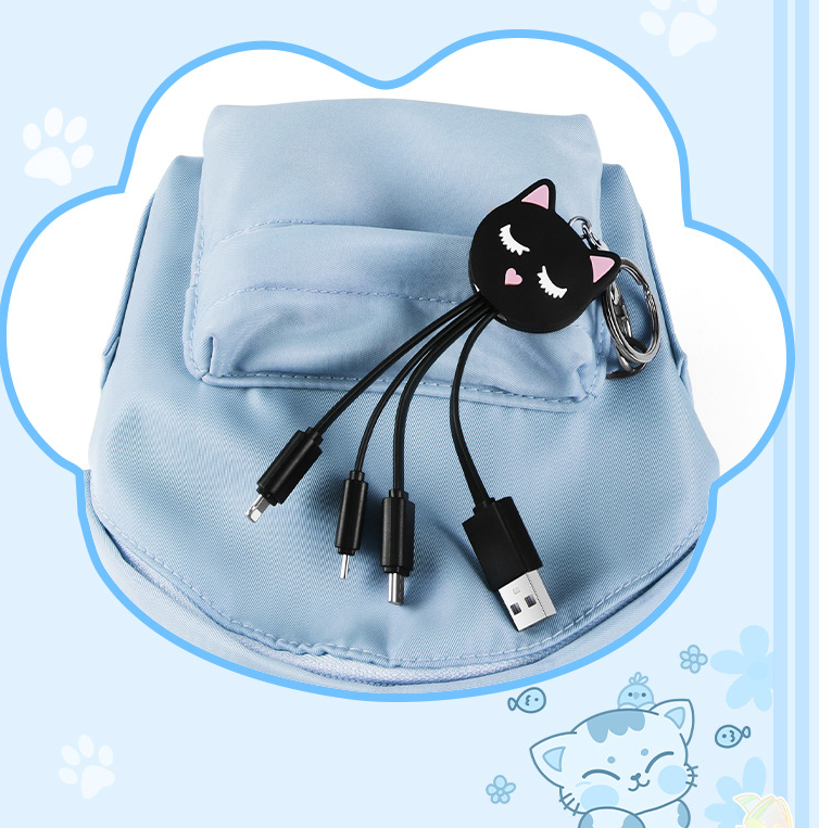 Cartoon Black Cat 3-in-1 Data Cable Cute Key Portable One to Three Charging Cable Suitable for Apple and Huawei
