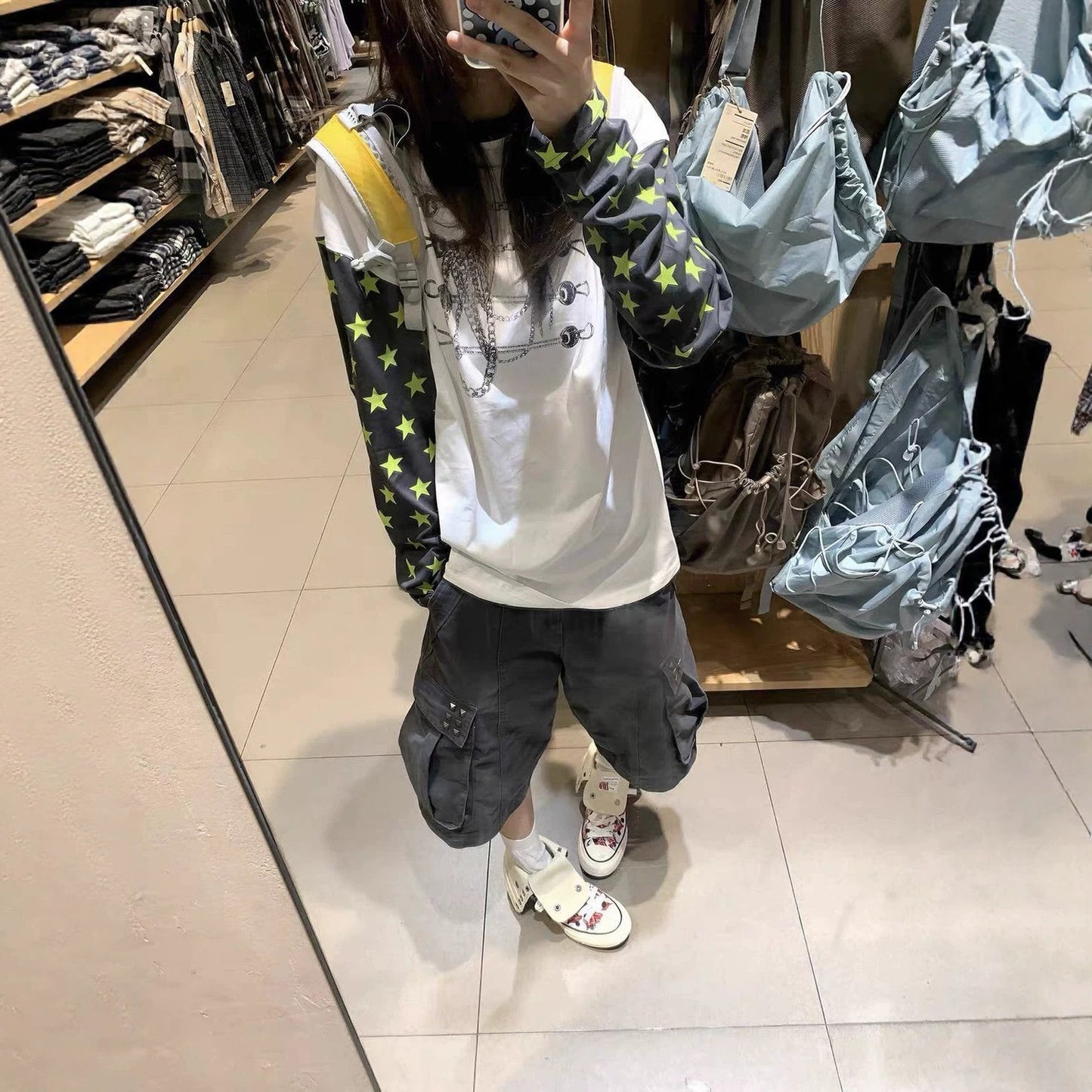 Star Pattern Color-block Print Long Sleeve T-shirt Women