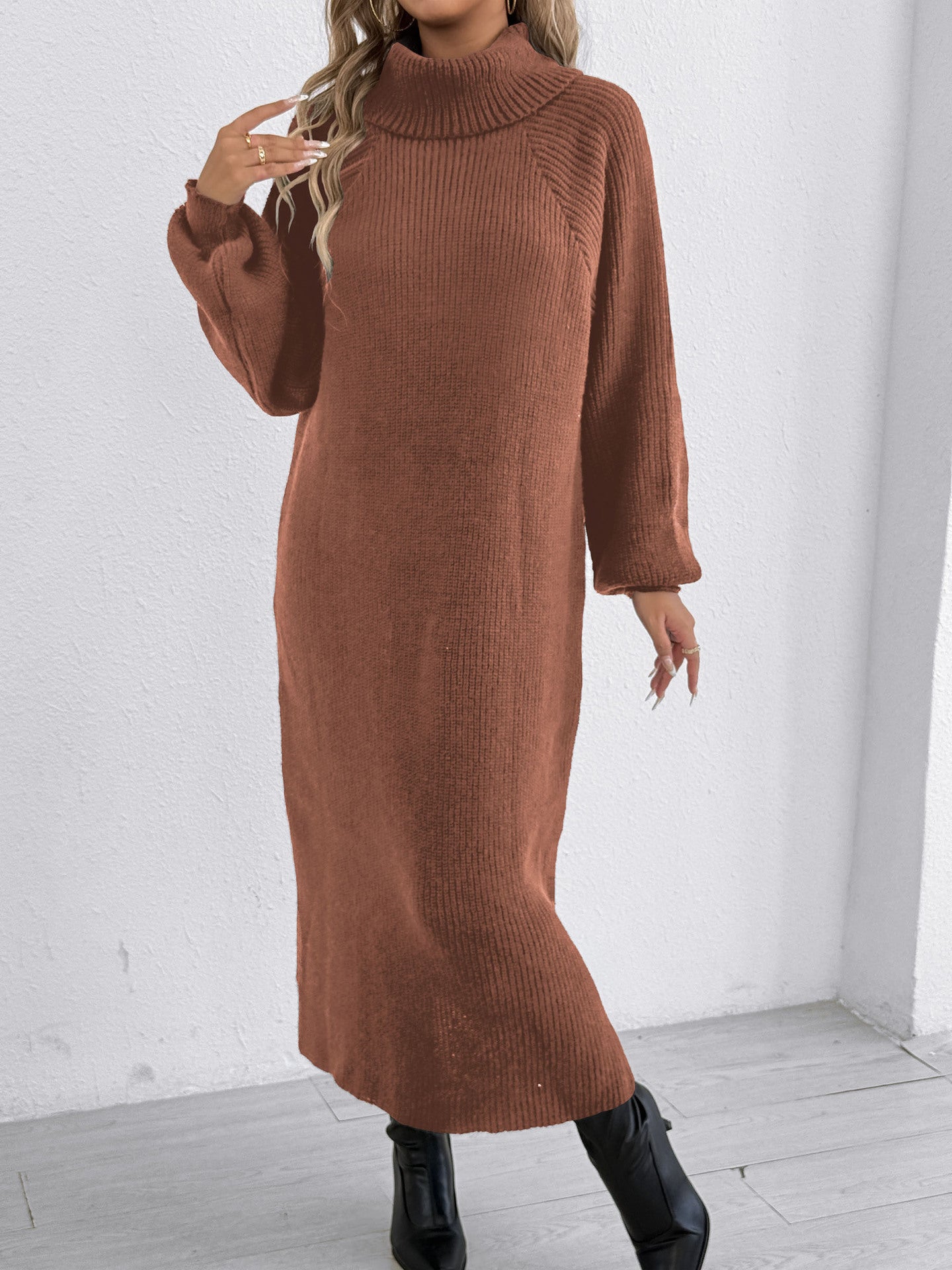 Lady's Dress Women's Clothing Loose Casual Long Dress High Neck Turn-down Collar Sweater Dress Without Belt