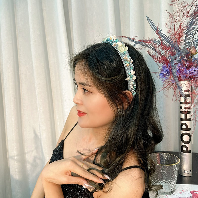Hand sewn crystal shell headband for pearl hair accessories