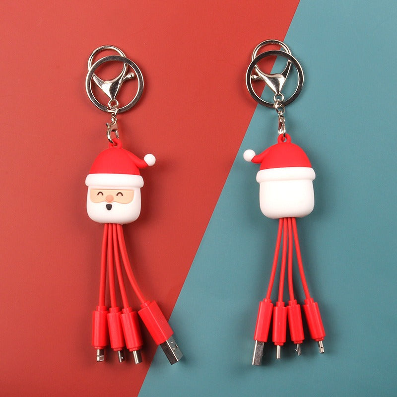 Christmas 3-in-1 Data Cable Creative Cartoon Multi functional Portable Keychain Santa Charging Cable