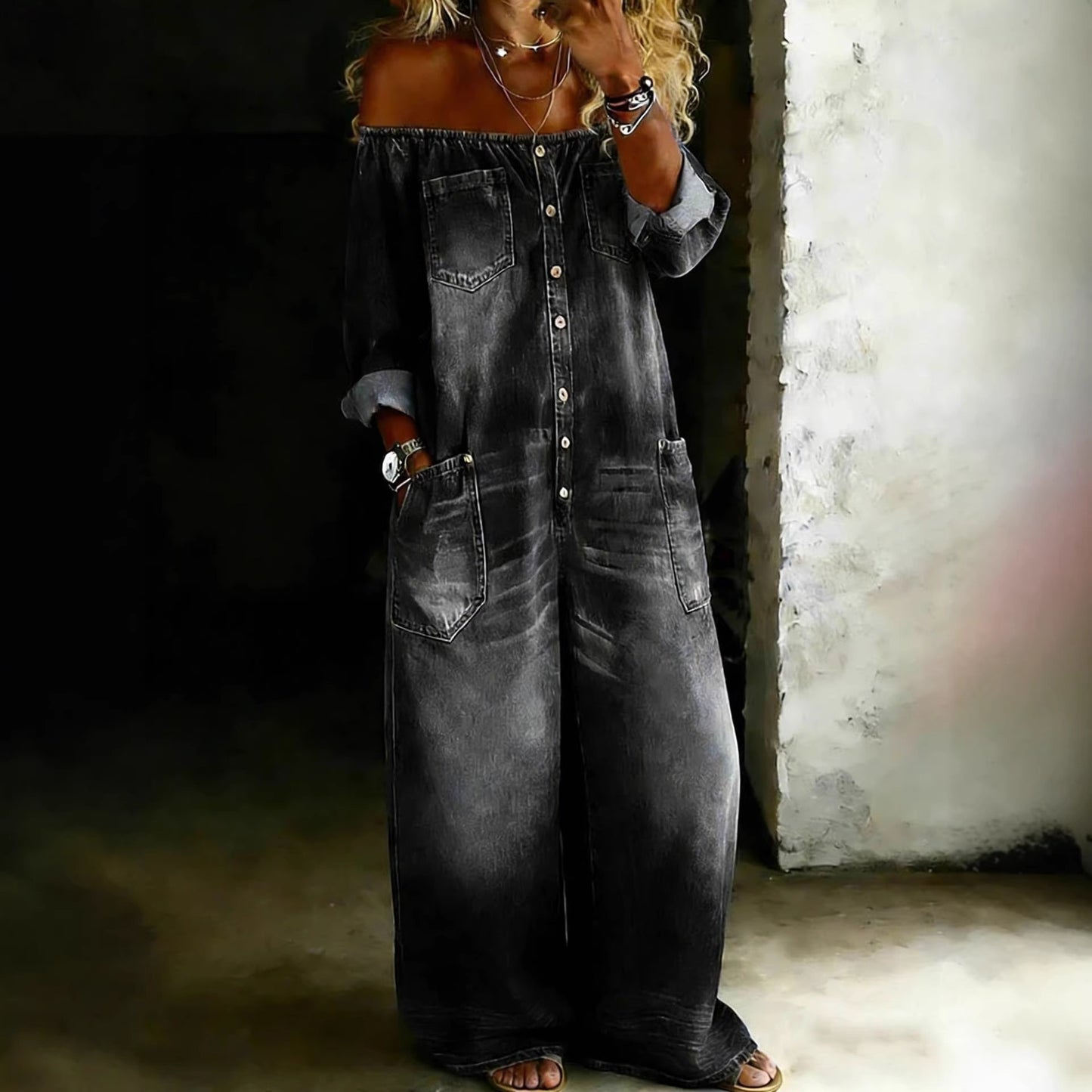 Single-Breasted Off-Shoulder Washed Overalls for Women