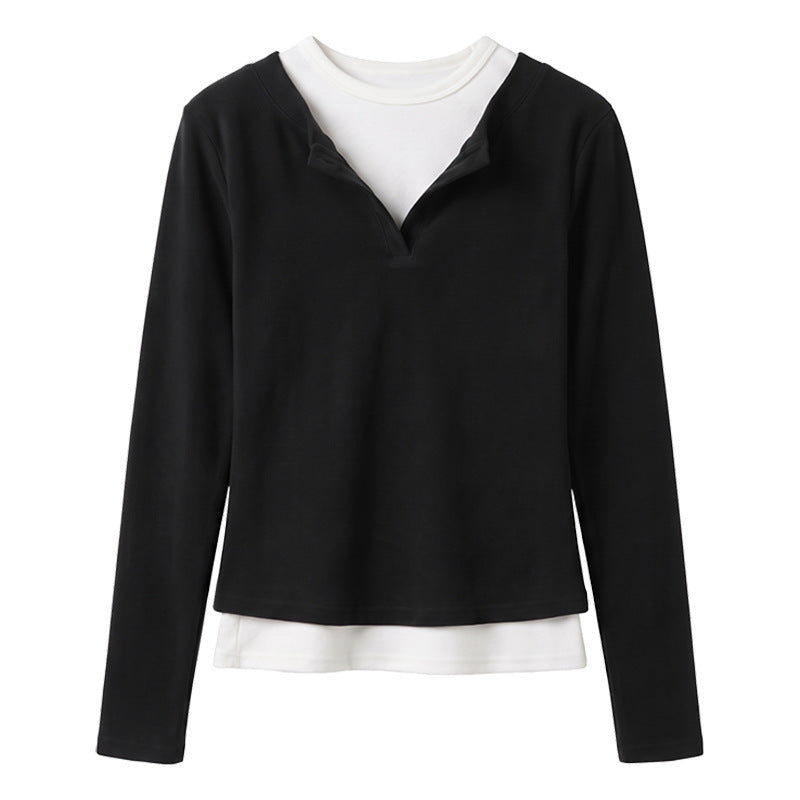 Tencel Lyocell Two-Piece Long Sleeve T-Shirt for Women Early Autumn Simple Inner Layer Color-Blocked Regular Shoulder Slim-Fitting Base Layer Shirt