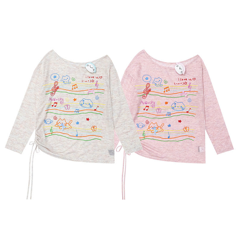 Printed off shoulder long sleeved T-shirt for women