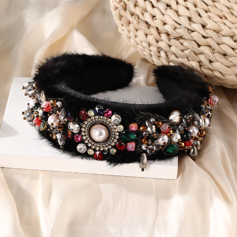 Fashionable mink velvet handmade pearl crystal thickened hair hoop