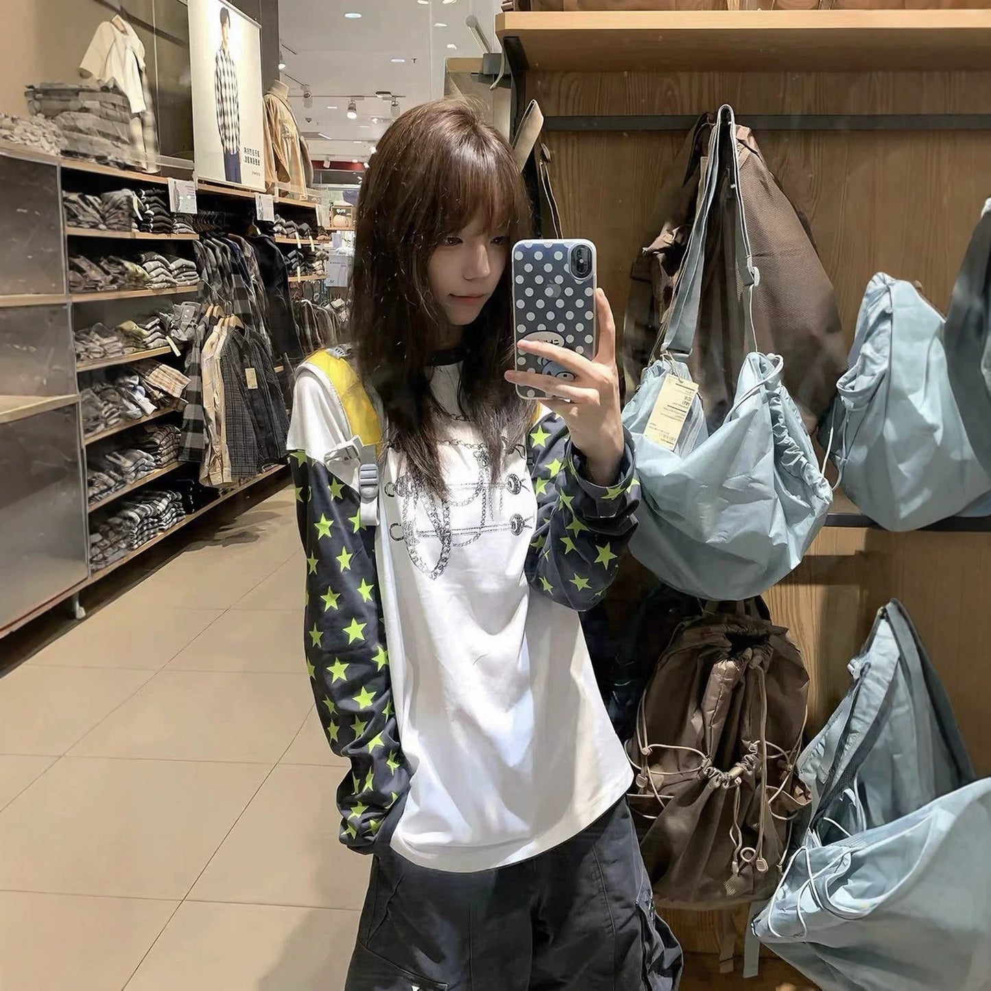Star Pattern Color-block Print Long Sleeve T-shirt Women