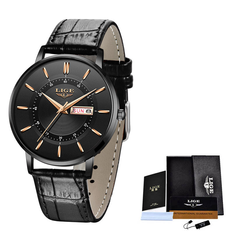 LIGE Liger Quartz Men's Watch Dual Calendar Movement Waterproof Watch Belt Watch