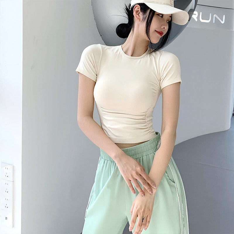 Sporty Women's Quick-Dry Short Sleeve T-Shirt Round Neck Casual Pleated Fitness Top
