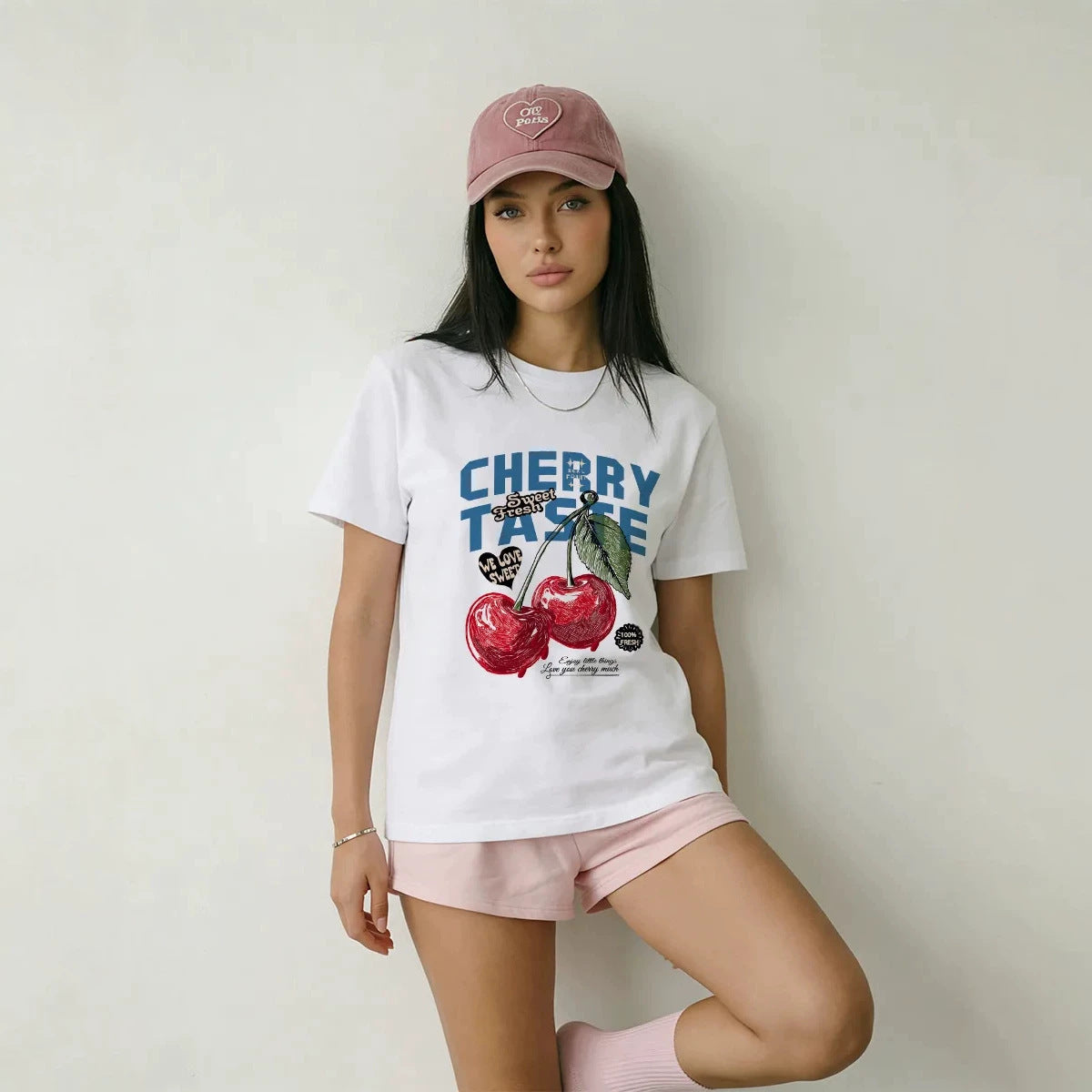 Cherry letter printed pure cotton T-shirt