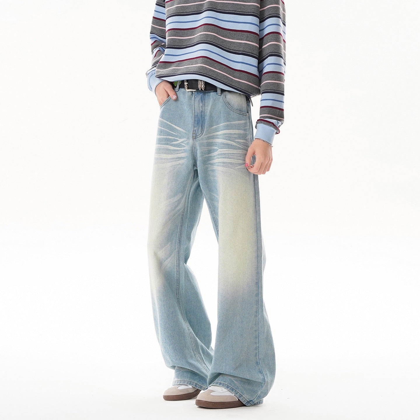 Washed Distressed Flared Denim Pants Men