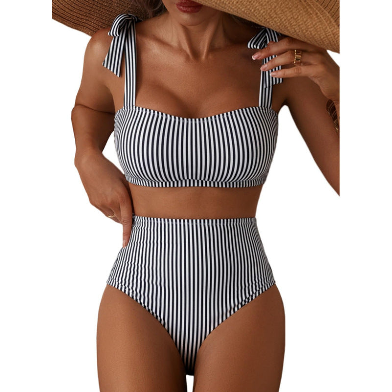 Women's Striped Bikini Set with Tie-Shoulder Design, High-Waisted Two-Piece Swimsuit