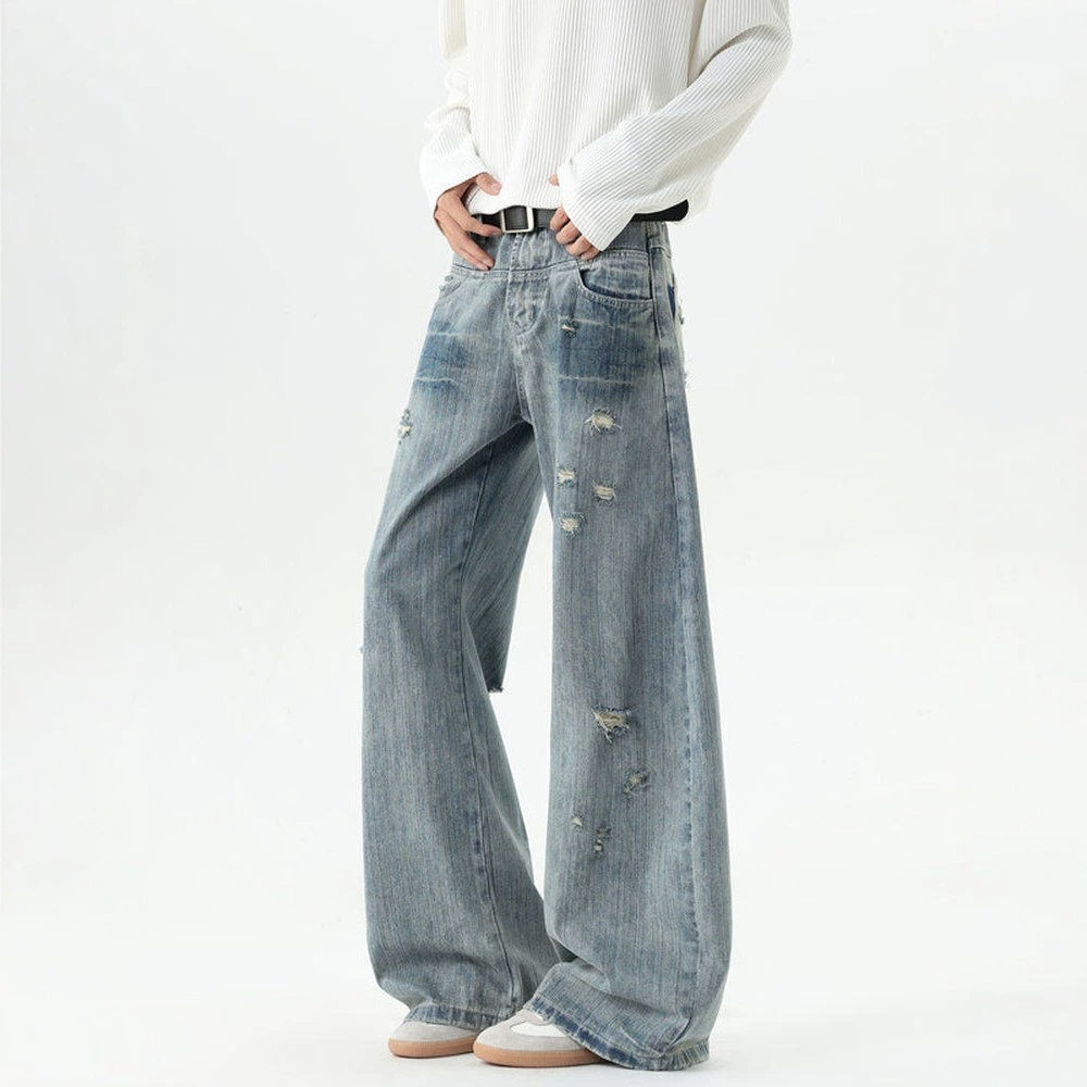 Bamboo Texture Distressed Washed Straight Leg Oversized Tapered Jeans